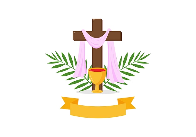 Holy week. Easter. palm branches, cross of Jesus Christ on white background