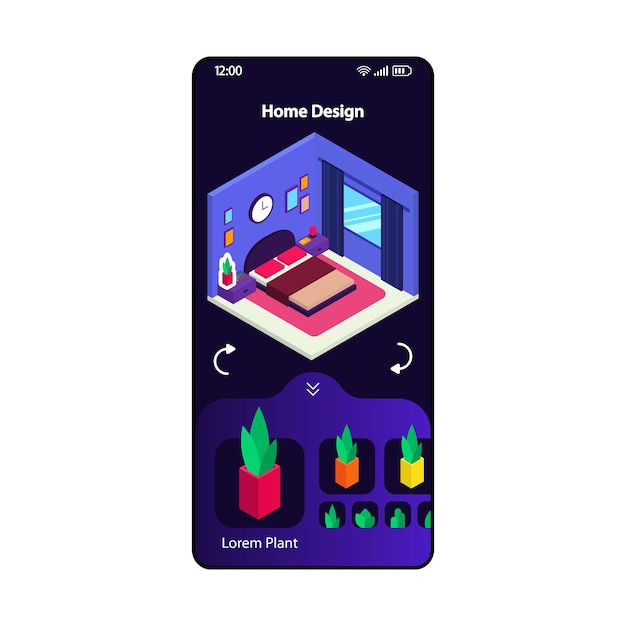 Vector home 3d design app smartphone interface vector template. mobile page modern layout. interior design software screen. room decorating and house planning widget. flat ui for application. phone display