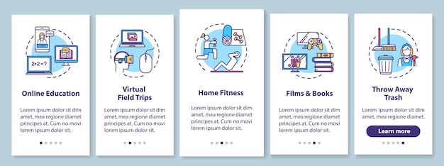 Home activity onboarding mobile app page screen with concepts. Entertainments, fitness and education walkthrough 5 steps graphic instructions. UI vector template with RGB color illustrations