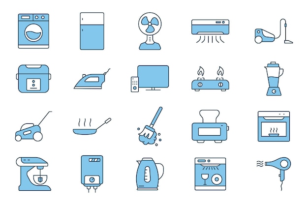 Home appliance icon set icon related to household appliance Containing washing machine refrigerator fan vacuum cleaner TV and more Flat line icon style design Simple vector design editable