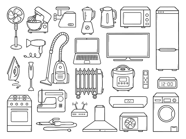 Vector home appliances doodle set household equipment in sketch style