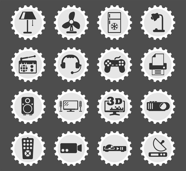 Home appliances symbols on a round postage stamp stylized icons