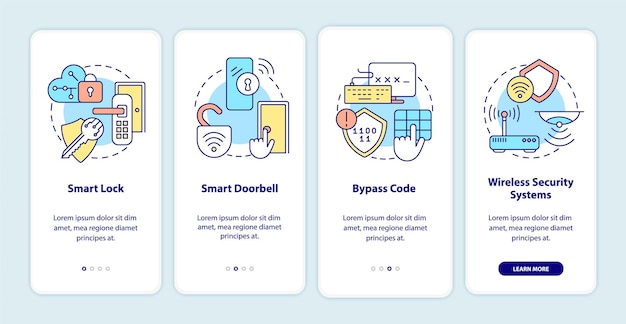 Schermata della pagina dell'app mobile di onboarding della domotica. strumenti per la sicurezza della casa. procedura dettagliata per la casa intelligente istruzioni grafiche in 4 passaggi con concetti. modello vettoriale ui, ux, gui con illustrazioni a colori lineari