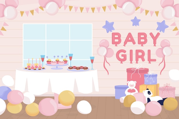 Home baby shower flat color vector illustration Expecting baby girl House party Gifts and balloons 2D simple cartoon interior with pink decorated wall on background Fredoka One font used