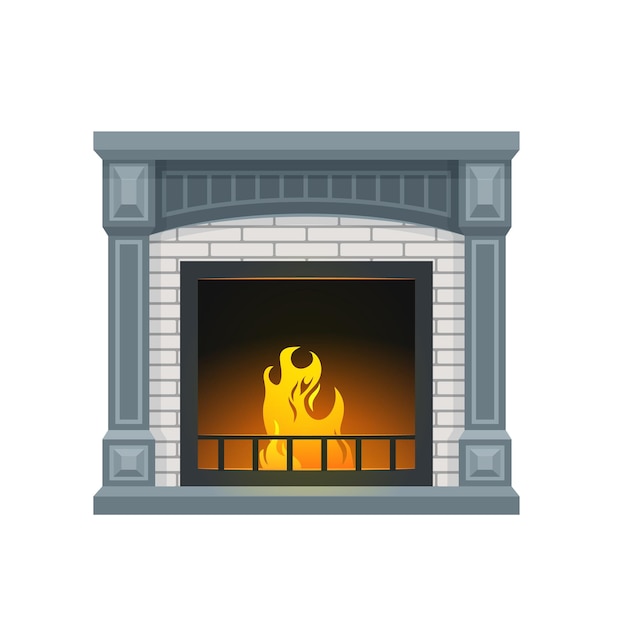 Домашний кирпичный камин с пламенем Домашний современный камин изолированный векторный открытый очаг или элемент домашнего интерьера с пылающим огнем из бетона или каменной мантии и металлическими решетками