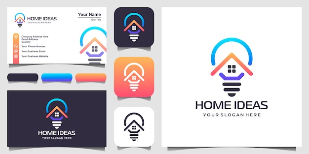 Home and bulb lamp logo design combination with line art style