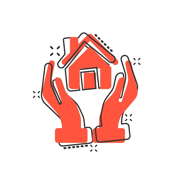 Home care icon in comic style Hand hold house vector cartoon illustration on white isolated background Building quality business concept splash effect