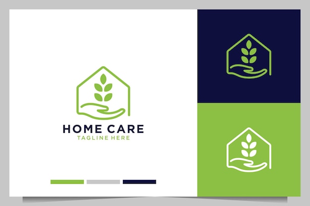 Home care line art with hand and leaf logo design