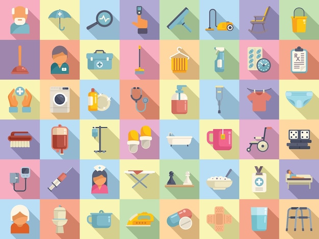 Home care services icons set flat vector care senior