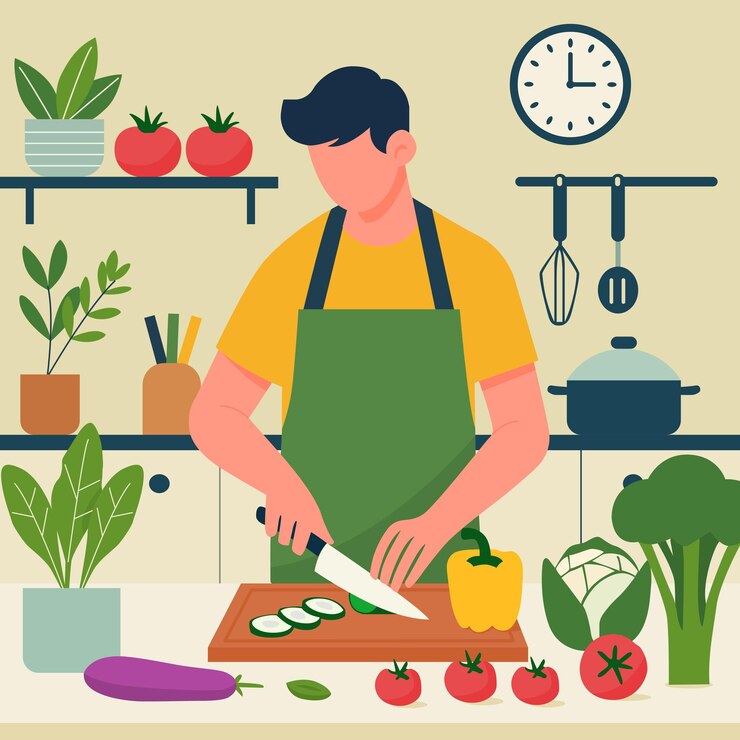 Vector home chef prepares fresh vegetables