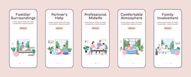 Modello piatto dello schermo dell'app mobile di onboarding per la nascita del bambino in casa. coinvolgimento familiare. procedura dettagliata del sito web con i personaggi. ux, interfaccia utente, interfaccia grafica per smartphone, set di stampe per casi