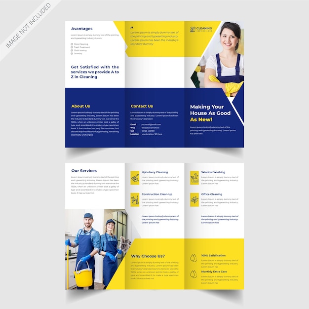 Vettore design brochure promozionale a tre ante per il servizio di pulizia della casa