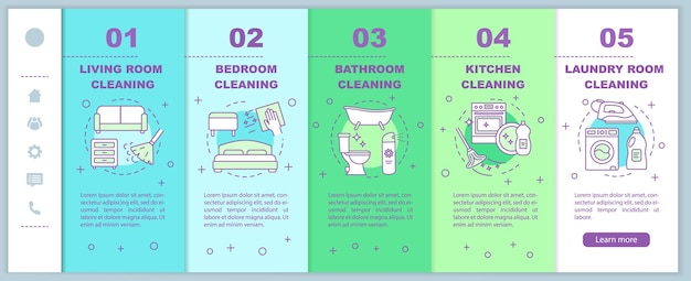 Vettore modello vettoriale di pagine web mobili per l'onboarding della pulizia domestica. pulizia del soggiorno. idea reattiva dell'interfaccia del sito web per smartphone, illustrazioni lineari. schermate dei passaggi della procedura dettagliata della pagina web. concetto di colore
