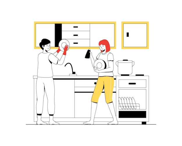 Vector home cleaning people do housework vector illustration