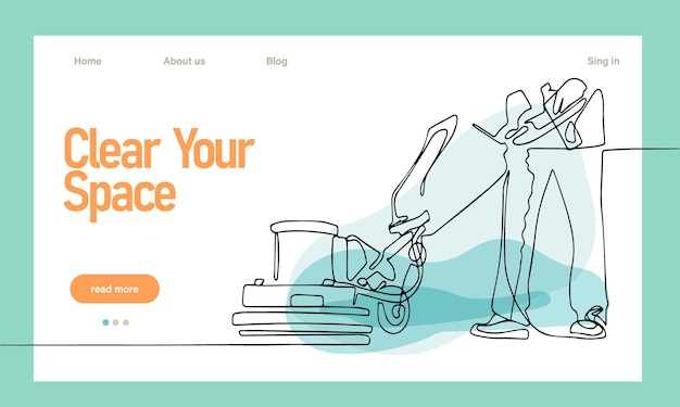 홈 클리닝 서비스 랜딩 페이지 디자인 컨셉, 청소 도구가 있는 관리인의 그림