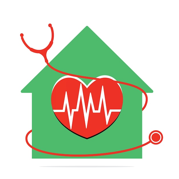 ホーム クリニック医療のベクトルのロゴのデザイン 聴診器と心臓の鼓動のロゴのベクトルのデザイン