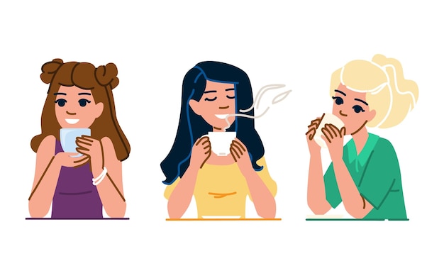 ホームコーヒー女性カップベクトル幸せな朝若い飲み物女性人ホームコーヒー女性カップキャラクター人々フラット漫画イラスト