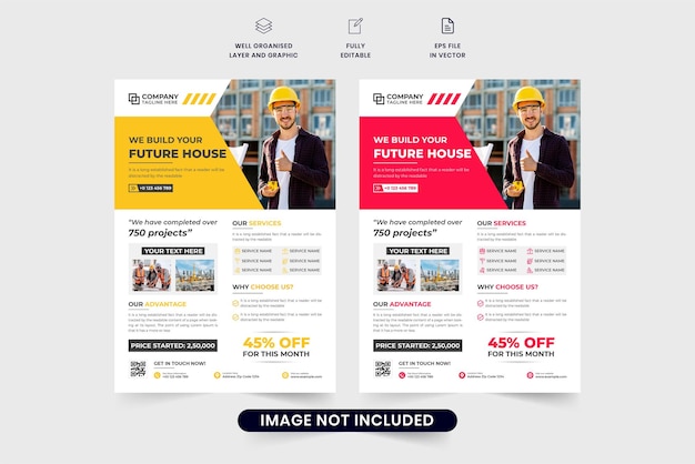 Home construction and renovation service promotional poster and flyer design with red and yellow colors Real estate business flyer template vector Handyman service advertisement banner design