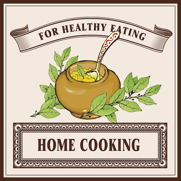 Home cooking logo banner template Porridge in ceramic pot with laurel branches
