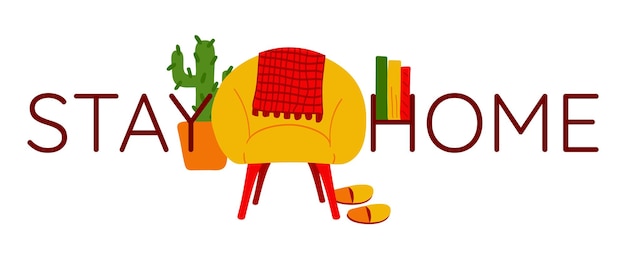 Home cozy bright interior yellow armchair with a plaid warm slippers cactus books Text Stay home