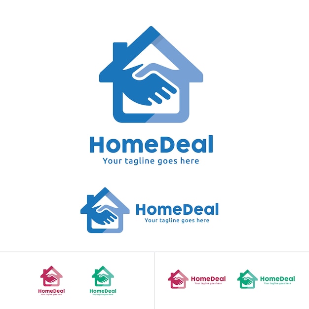 Logo home deal, identità aziendale della casa commerciale, casa con simbolo di scossa a mano