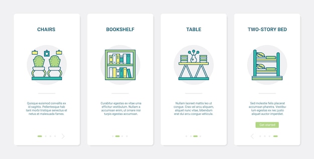 홈 데코 가구, 가구 컬렉션 UX, UI 온 보딩 모바일 앱 페이지 화면 세트