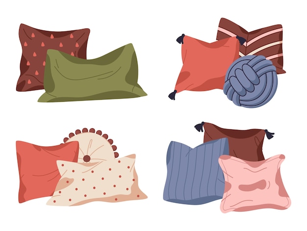 Home decor kussens Textiel interieur kussens gevederde gezellige sofa kussens decoratieve zachte kussens platte vector illustratie set