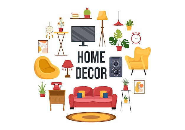 Vector home decor sjabloon hand getekende cartoon afbeelding de set van meubels en woonkamer interieur
