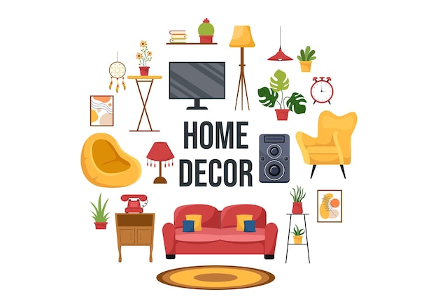 Home Decor Template Hand Drawn Cartoon Illustration The set of Furniture and Living Room Interior