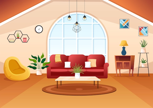 Vector home decor template hand drawn cartoon illustration the set of furniture and living room interior