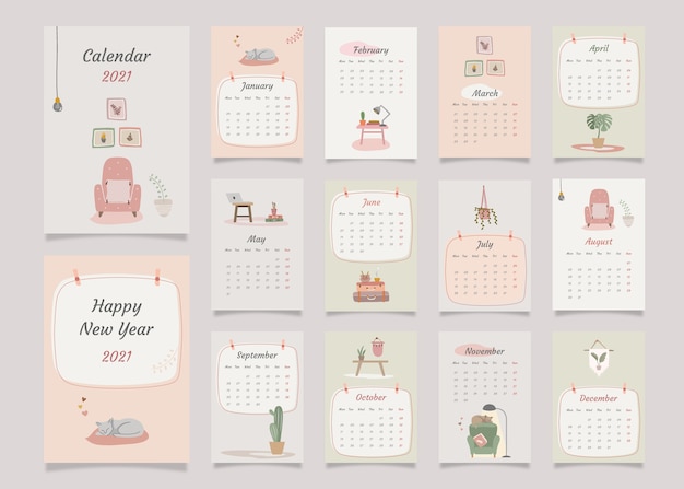 Vector home decor yearly planner calendar with all months