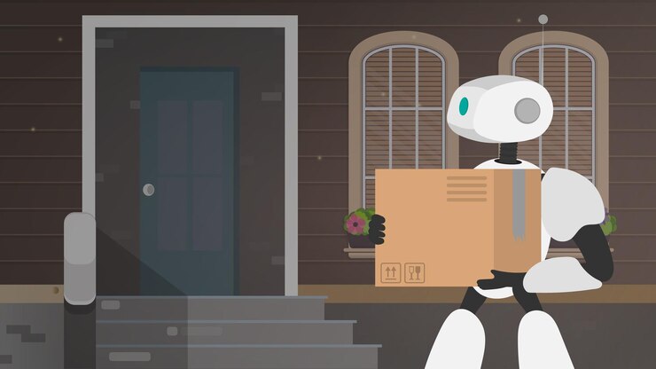 Vector home delivery banner. the robot is holding a large box. delivery of the future. the concept of delivery of goods, parcels and goods at home. vector.