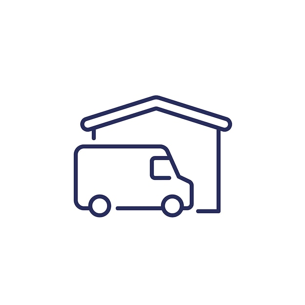 Icona della linea di consegna a domicilio con furgone e casa