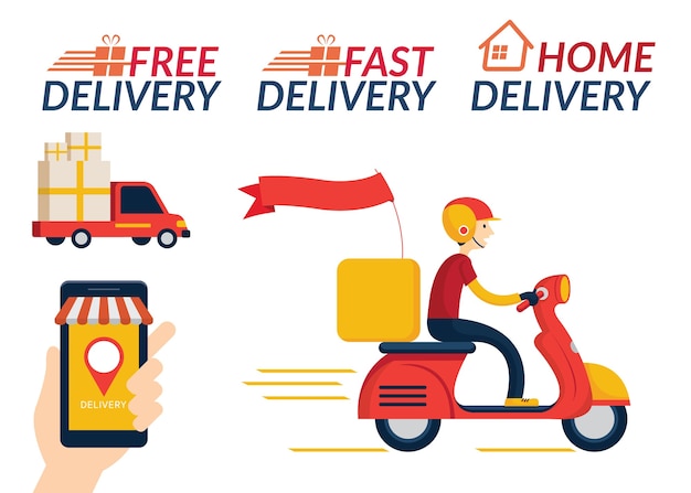 Servizio di consegna a domicilio, shopping online, invio tramite camion e scooter o moto