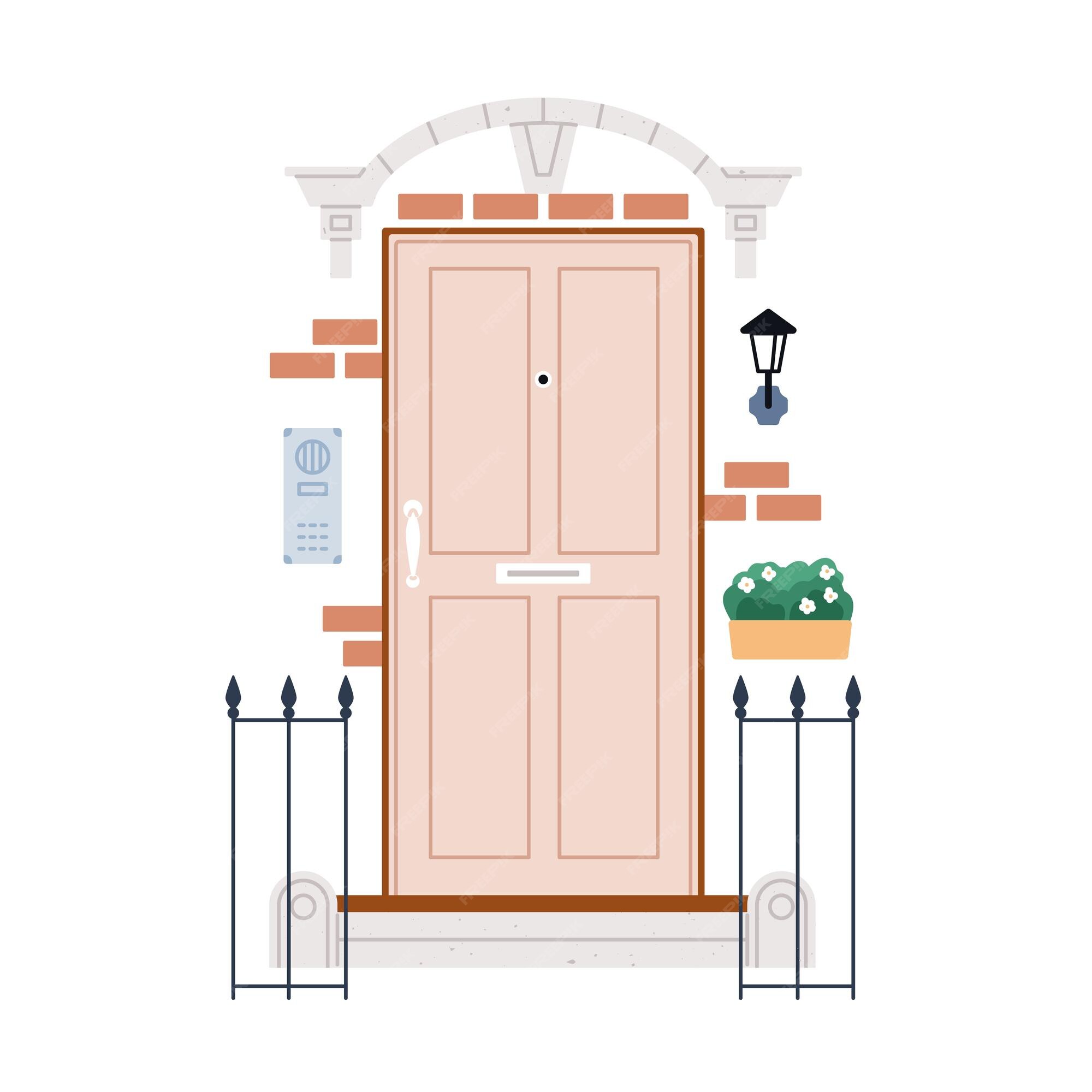 House door front with doorstep and steps, lamp, - vector clip art