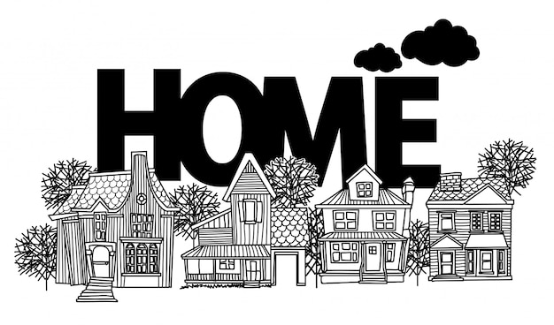 Vector home drawing and sketch black and white with line art illustration isolated