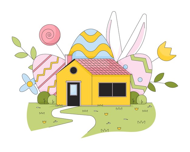 Vector home easter celebration 2d linear illustration concept