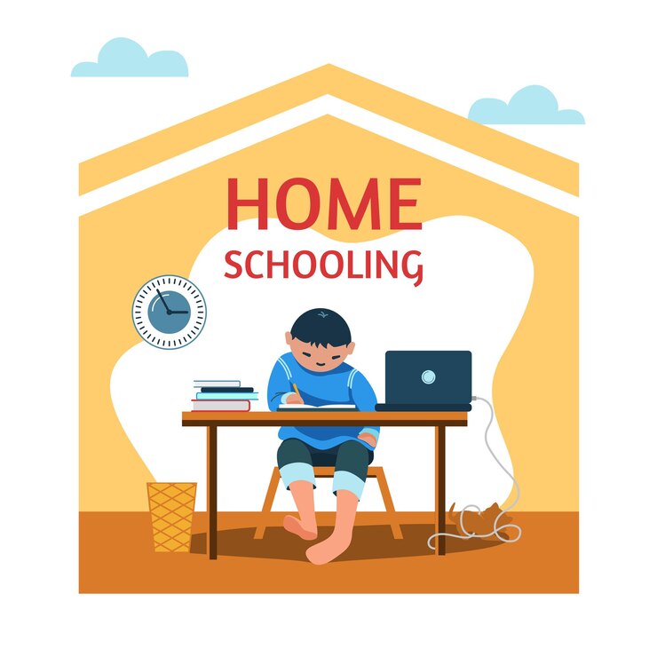 Vector home education, security guarantee, school student learns at home.