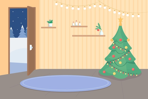 Home entrance on Christmas flat color vector illustration