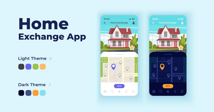 Vector home exchange cartoon smartphone interface vector templates set. mobile app screen page night and day mode design. choosing appropriate residence ui for application. phone display with flat character