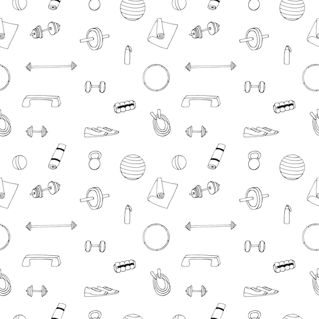 Vector home fitness equipment seamless pattern vector illustration, hand drawing doodles