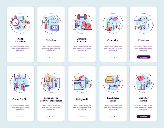Home fitness online onboarding mobiele app paginascherm met concepten ingesteld. Alternatieven voor gymnastiekoefeningen doorloop 5 stappen UI-sjabloon met RGB-kleurenillustraties