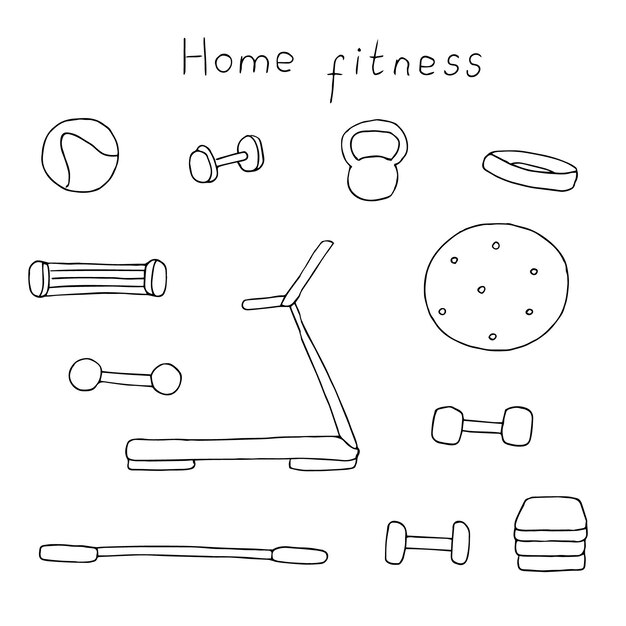 Vector home fitness set equipment vector illustration hand drawing doodles