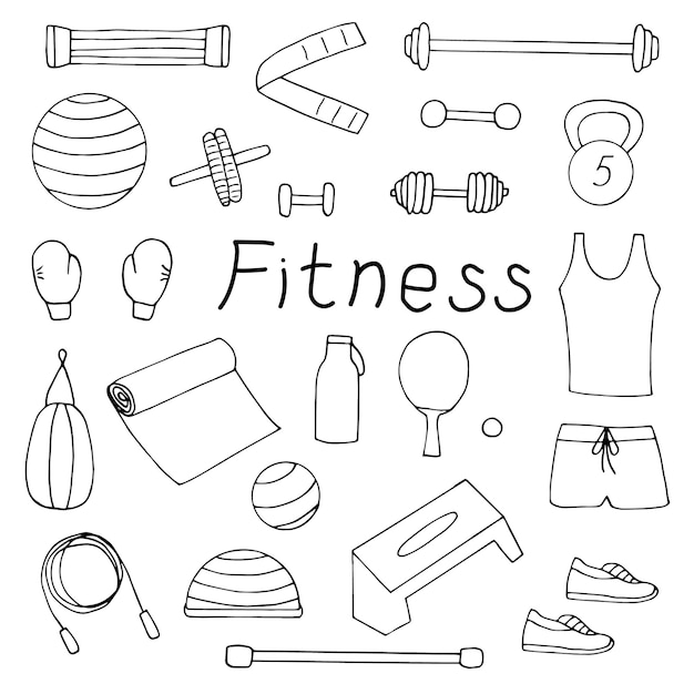 Vector home fitness set vector illustration, hand drawing doodles equipment