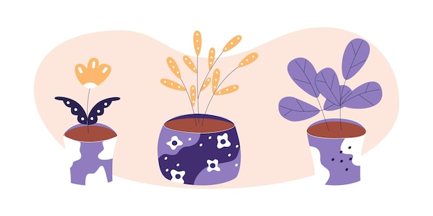 Домашний цветок и растение в элегантном фиолетовом керамическом горшке. Плоская векторная иллюстрация