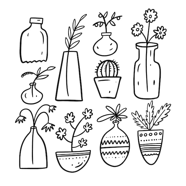 Vector home flowers in pots doodle elementsset isolated on white