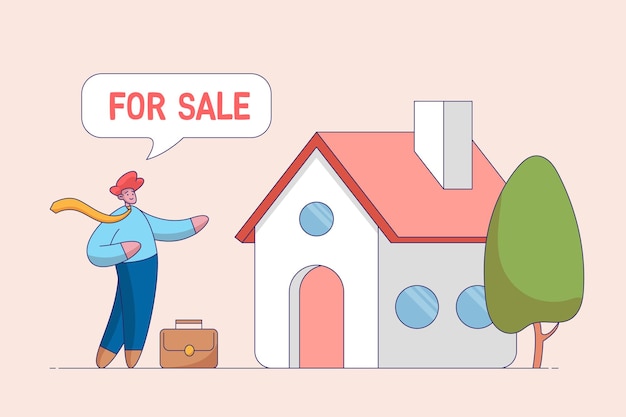 벡터 판매하는 집 개념 판매하는 집은 새로운 주택 소유자에게 이동하거나 부동산 중개인이 판매 근처에 서 있습니다.