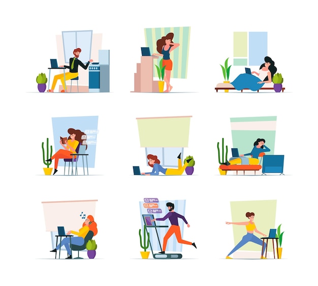 Vector home freelancers professional workers making homework in interior creative workflow relaxing persons at computer place garish vector flat stylized concept illustrations