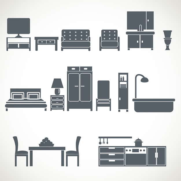 Vector home furniture design blackicons set