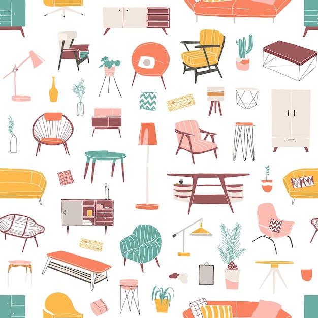 Vector home furniture hand drawn seamless pattern. contemporary furniture pieces. vintage armchair and retro table lamp flat vector illustrations. home decor shop stylish wrapping paper, wallpaper design.